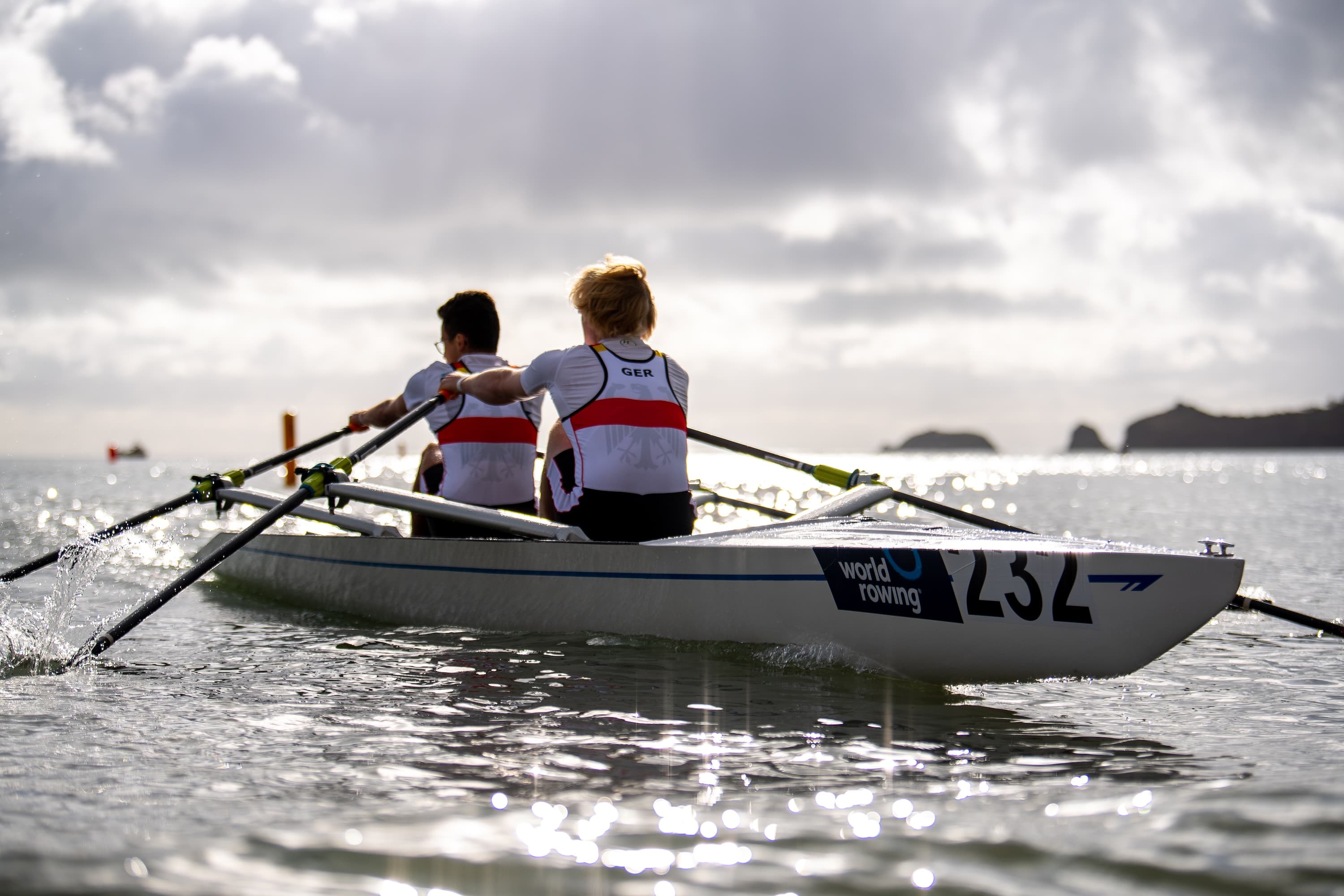 Doubles rowing in boat