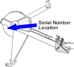 The serial number label is located on the left side of the flywheel housing under the box arm.