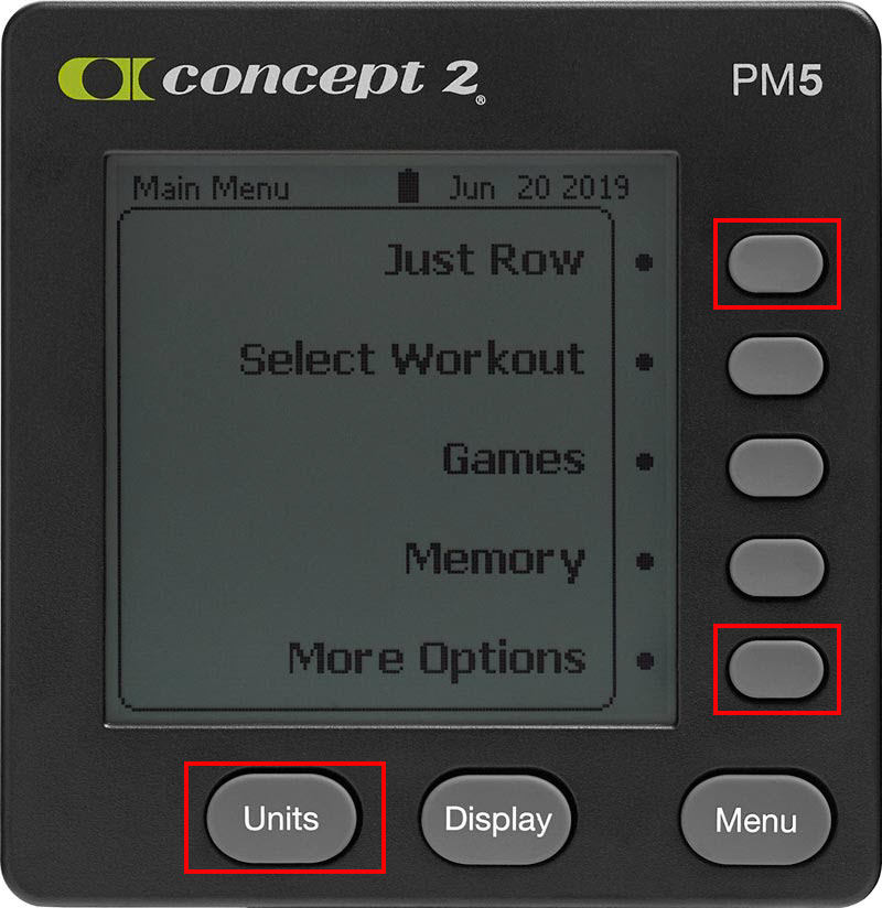 On the PM5, press the first and 5th buttons down the right hand side, and the left-most button on the bottom