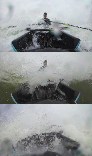 three images of rowing