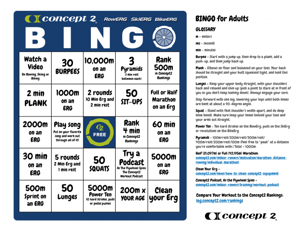 Concept2 BINGO board for kids grades 6-12. Click to open a full-size image you can print.