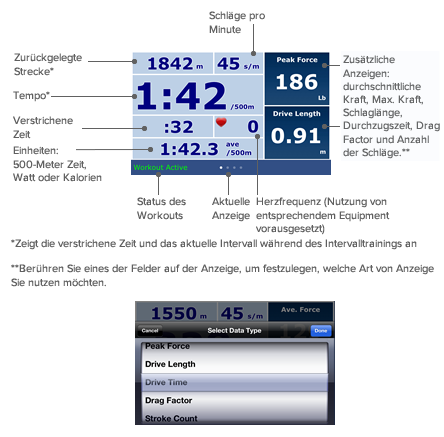 Die linke Seite der Anzeige ist in vier Zeilen unterteilt: Die obere Zeile zeigt die verstrichene Zeit und die Schläge pro Minute an. Die zweite Zeile bezeichnet das aktuelle Intervall. Die dritte Zeile zeigt die zurückgelegte Strecke und die Herzfrequenz an (wenn Sie entsprechendes Equipment nutzen) an. Die vierte Zeile zeigt die Einheiten in 500-Meter Zeit, Watt und Kalorien an. Die rechte Seite ist in zwei Zeilen unterteilt: Die obere Zeile zeigt die Schlaglänge an (abgeleitet von der Zeit, währenddessen das Windrad beschleunigt wird). Die untere Zeile zeigt die durchschnittliche Kraft an. In der unteren rechten Ecke der Anzeige sehen Sie, welche Version Sie von ErgData benutzen.